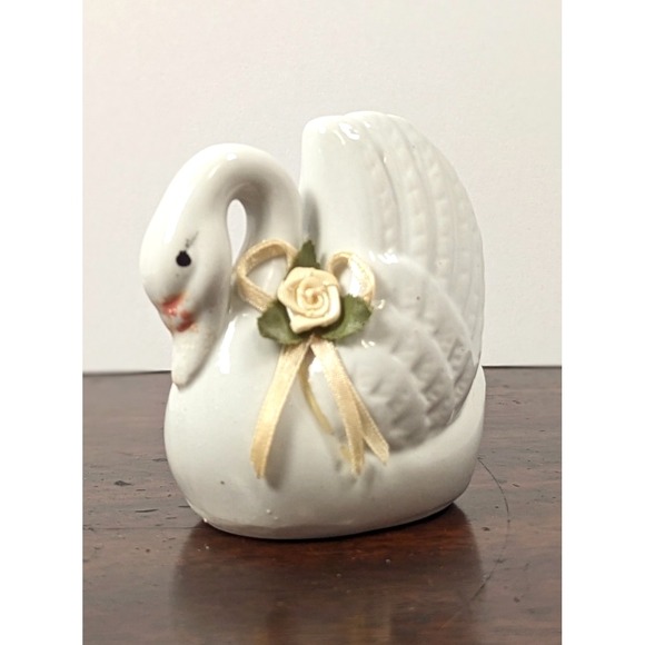 Unbranded Other - Vintage White Ceramic Swan Figurine Ribbon Rose Accent Glossy Bird 90s Decor